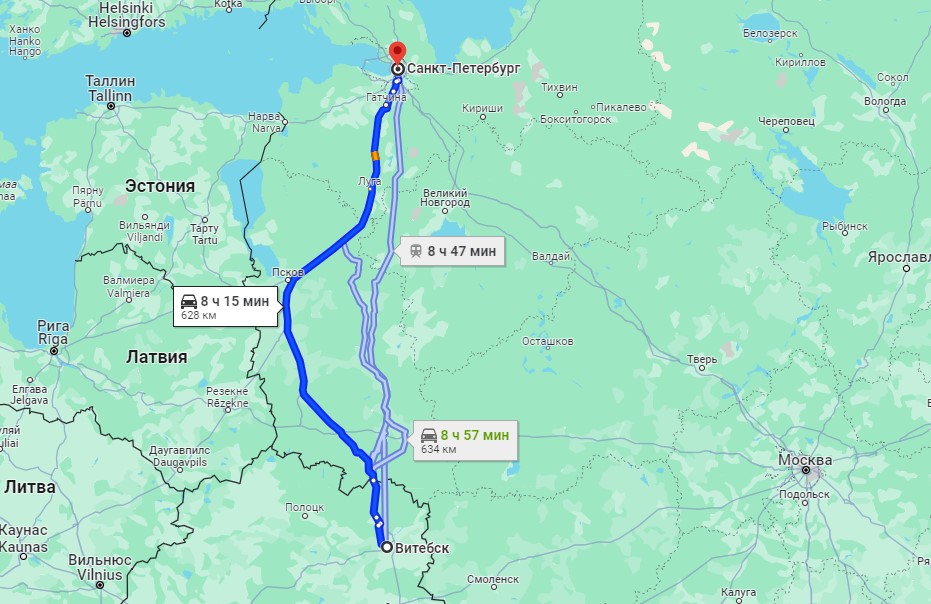 Расстояние Витебск Санкт-Петербург